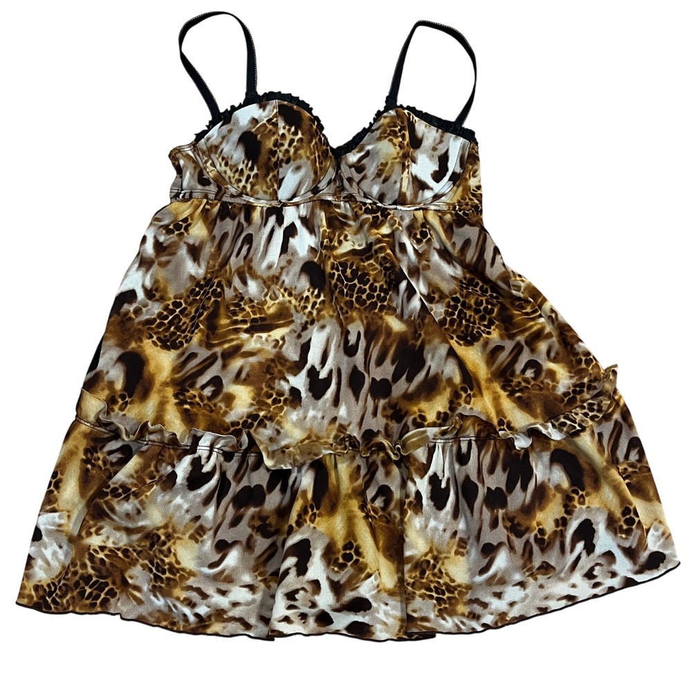 Y2K Smart & Sexy Leopard Print Babydoll Chemise Underwire Lace Trim Cami 34B